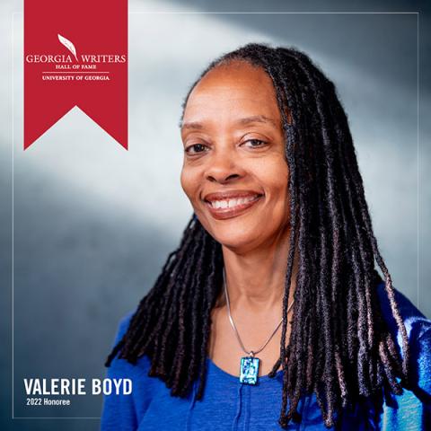 Portrait of Valerie Boyd smiling, with Georgia Writers Hall of Fame logo